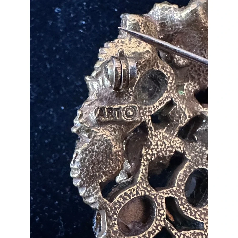 Vtg Arthur Pepper Brooch Pin Greens Cabochon Rhinestone Gold Leaves Gripoix RARE